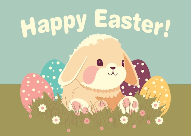 Pasen-konijn met eieren jentle vectorillustratie in pastelkleuren Pluizig grappig konijntje