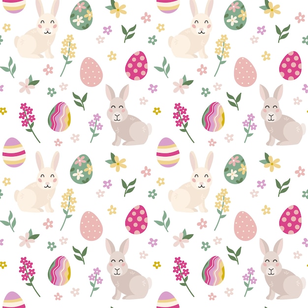 Pasen lente naadloos patroon met schattige konijnen eieren bloemen Vector illustratie