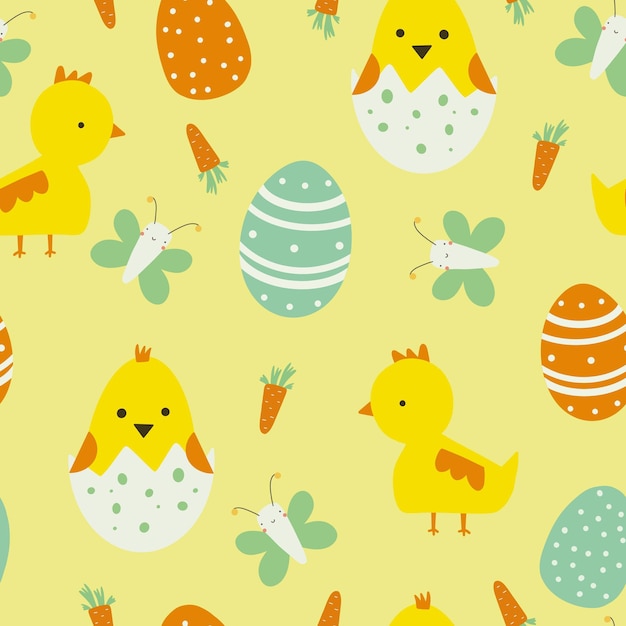 Pasen naadloos patroon in tekenfilmstijl Kleurrijke kinderachtige krabbel met eieren, vogels en bloemen Creatieve babytextuur voor stoffenpapier