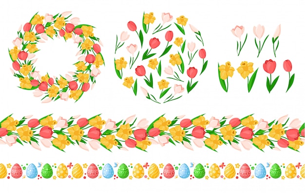 Vector pasen naadloze randen met paaseieren, lentebloemen - gele narcis, roze tulp, sneeuwklokje, krans