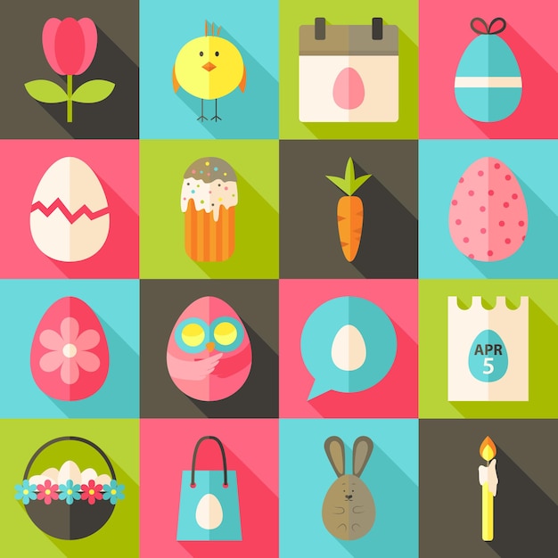 Pasen platte stijl icon set 2 met lange schaduw. Platte gestileerde pictogrammen met lange schaduw