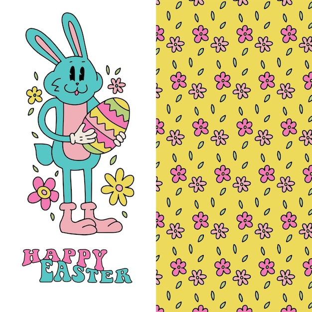 Pasen set voor wenskaart lente bloemen achtergrond en groovy retro cartoon bunny karakter linea
