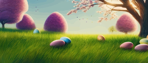 Pasen-thema met mooie eieren in de vectorillustratie van de grasbanner als gelukkige de lenteachtergrond