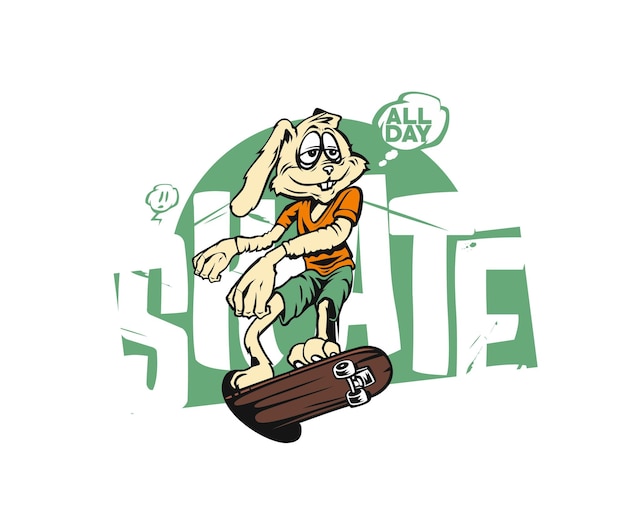 Pasen Tshirt Design Bunny met Skateboard Tekst All Day Skate Banner Template