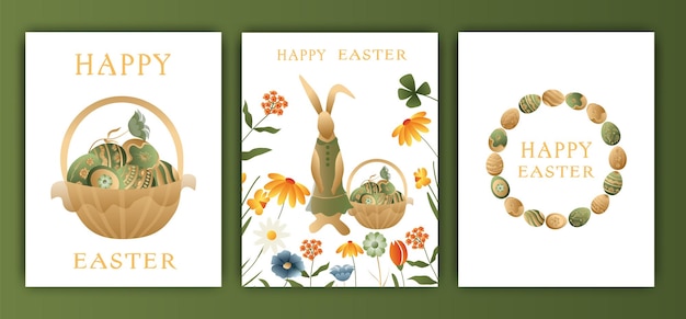 Vector pasen vector illustratie set van drie kaarten konijnen kransen en bloemen paaseieren gradiënt ansichtkaarten met woorden wensen voor vrolijk pasen