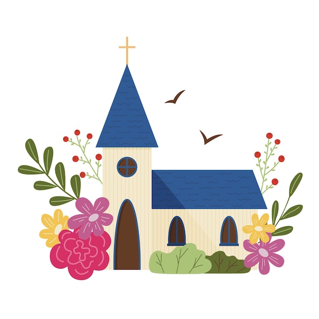 Pasen vectorillustratie van een tempel omringd door bloemen