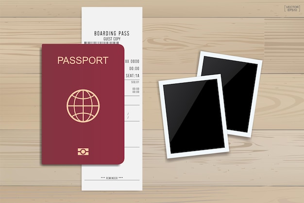 Paspoort en instapkaart ticket op hout achtergrond. vector illustratie.
