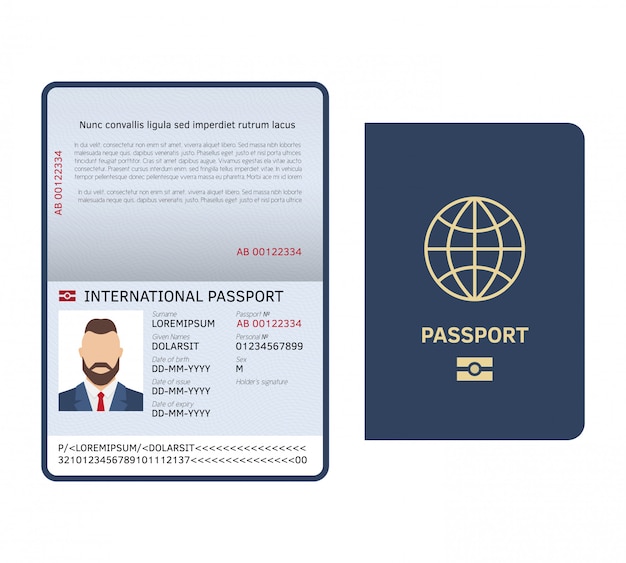 Paspoort openen. id document mannelijke foto pagina juridische voorbeeld internationale paspoortsjabloon