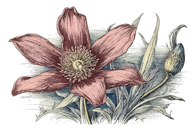 Pasque flower drawn in vintage style isolated on background Cartoon vector illustration