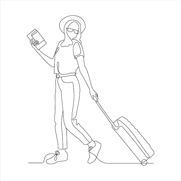 Passagier Line art Meisje Toerist met een Koffer