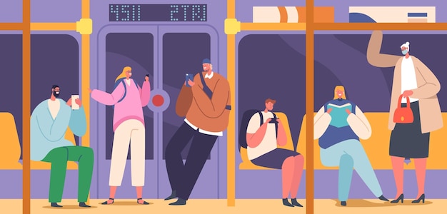 Passagiers in de metro Mensen in de metro Trein ondergronds stedelijk openbaar vervoer tekens in de onderdoorgang