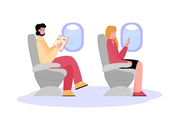 Passagiers tijdens de vlucht per vliegtuig geïsoleerde platte vector cartoon afbeelding