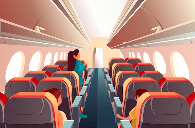 Passagiers zitten in vliegtuig reizen vakantie concept modern vliegtuig board interieur