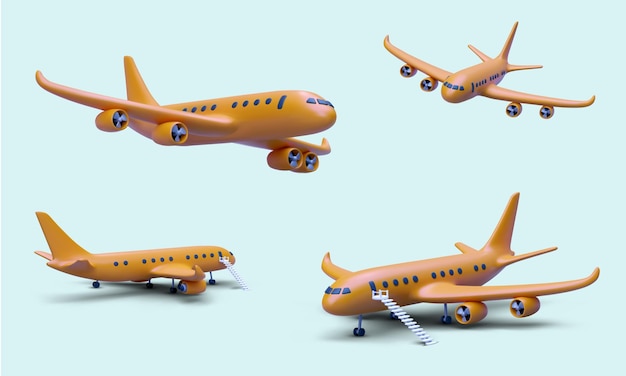 Passenger aircraft in flight and during boarding and disembarking of passengers 3D images Plane from different sides and in different positions Realistic illustration set of air transport