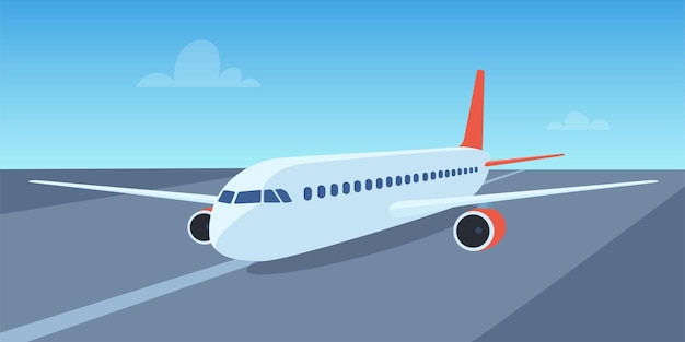 Вектор Иллюстрация взлета пассажирского самолета на взлетно-посадочной полосе.