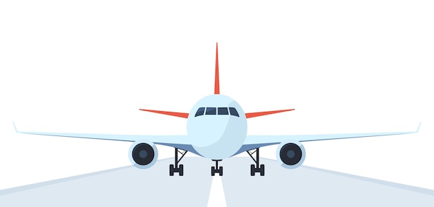 Passenger airplane on runway front view Flat vector illustration of plane