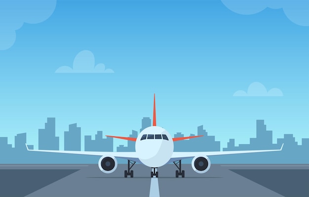 Passenger airplane on runway front view passenger aircraft takeoff illustration Airport