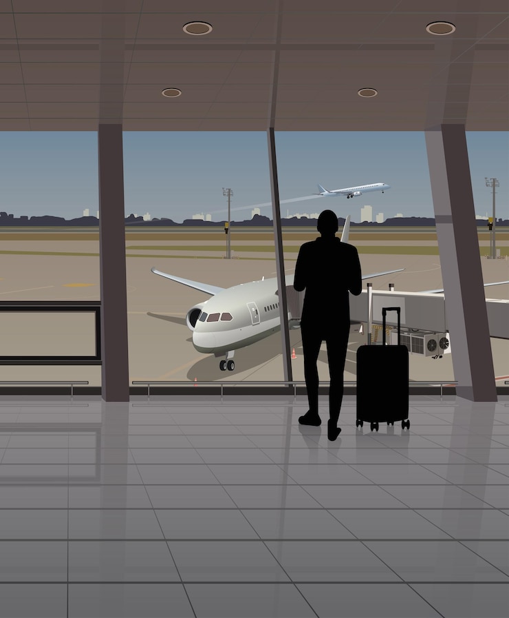 Vector the passenger at the airport near the window looks at the planes vector