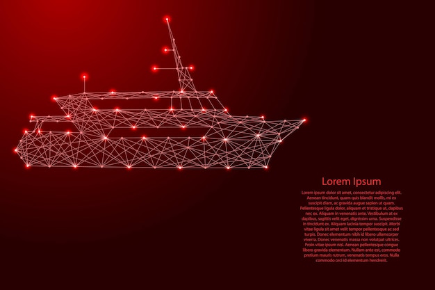 Passenger boat, marine vessel, from futuristic polygonal red lines and glowing stars for banner, poster, greeting card. Vector illustration.