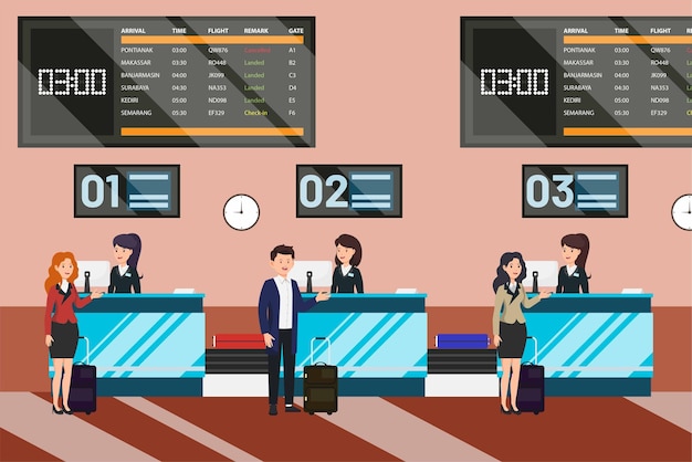 Vector passenger at check in counter with service staffs