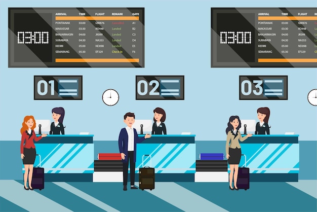 Vector passenger at check in counter with service staffs