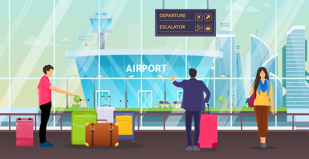 Passenger group people together waiting in airport terminal. Passengers women men waiting to arrival and departure with luggage, suitcases, bags in the waiting room cartoon vector illustration.