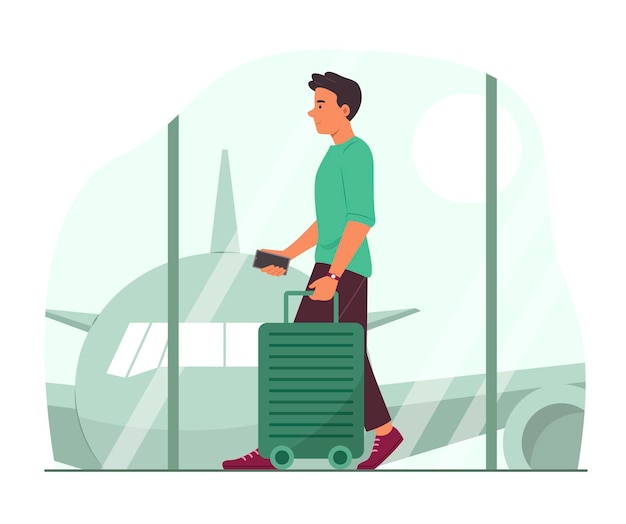 Vector passenger man holding suitcase and walking in airport