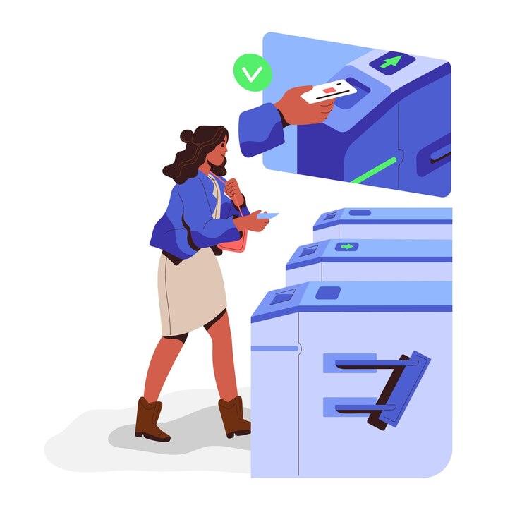 Vector passenger passing turnstile entrance checking electronic card woman going through tourniquet access with id control entry with stiles flat graphic vector illustration isolated on white background