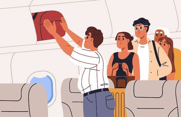 Vector passenger placing hand luggage, bag on overhead bin in airplane. angry people waiting in air plane aisle while man putting carry-on baggage on shelf, aircraft cupboard. flat vector illustration