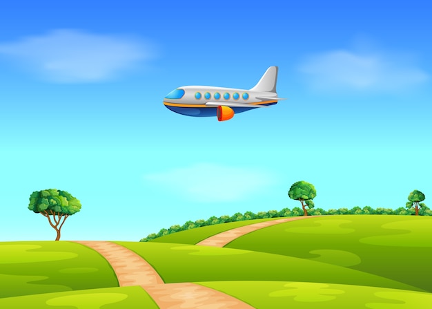 a passenger plane flying over field