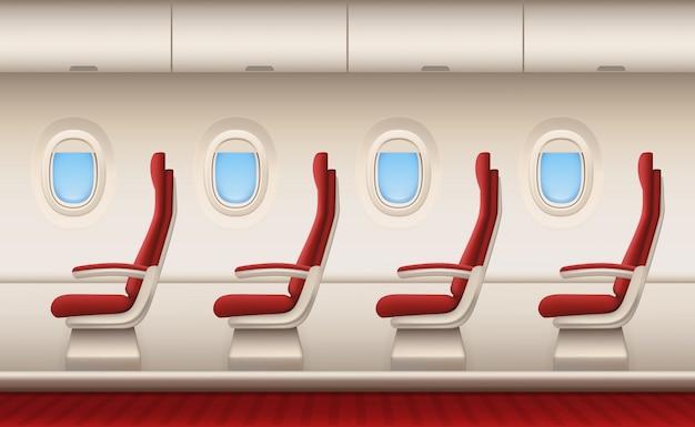 Passenger plane interior, aircraft cabin with white closeup windows portholes plane inside comfort chairs