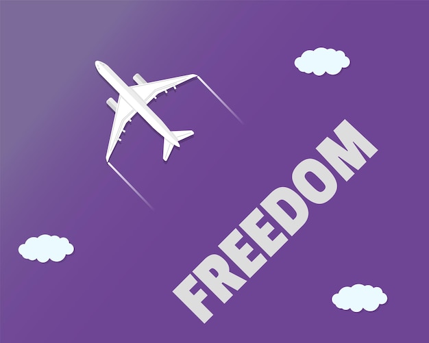 Passenger plane on purple sky with freedom text solo traveling concept tourism banner idea