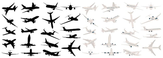 passenger planes set black silhouette on white background vector