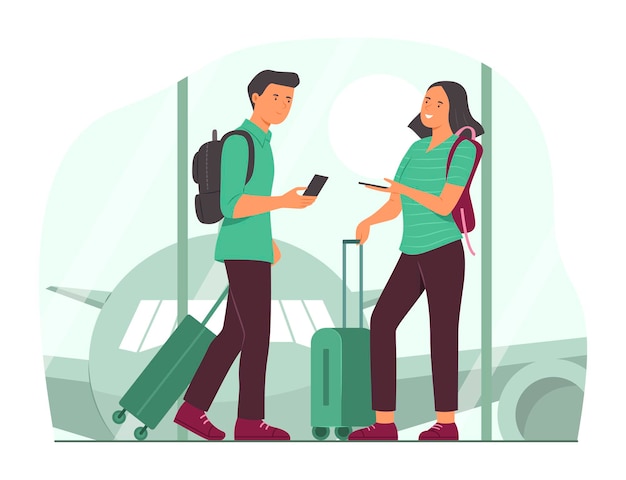 Пассажиры держат чемодан и разговаривают в аэропорту