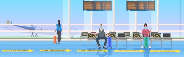Passeggeri che mantengono le distanze per prevenire l'interno del terminal dell'aeroporto del concetto di distanziamento sociale del coronavirus