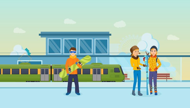 Вектор пассажиры на платформе перона ждут классического поезда