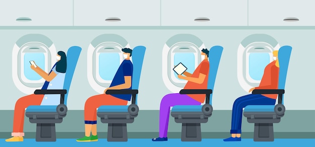 Vector passengers seated in aircraft cabin vector illustration cartoon people travel by air in airplane