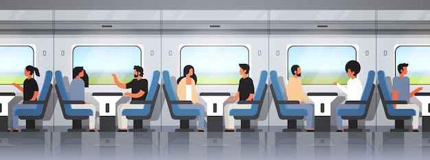 Passeggeri che viaggiano in treno espresso moderno