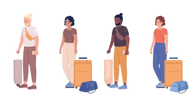 Passengers with bags waiting in line for boarding semi flat color vector characters set