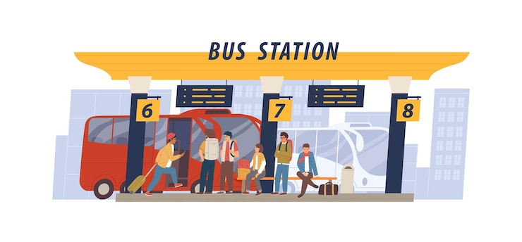 Vector passengers with bags waiting for transport at international bus station. people sitting on bench and standing at intercity terminal. colored flat vector illustration isolated on white background.