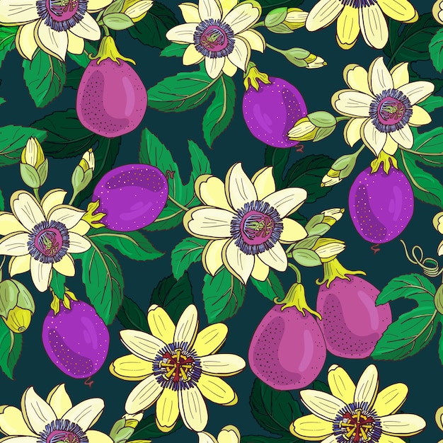 Passiebloem passiflora, passie paars fruit op een donkere achtergrond. Naadloze bloemmotief. Grote heldere exotische Maracuja bloemen, knop en blad. Zomer illustratie voor print textiel, stof.