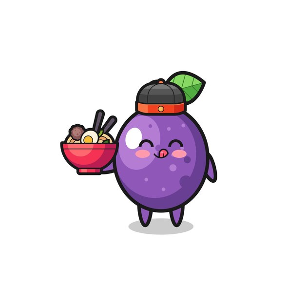 Passion fruit as Chinese chef mascot holding a noodle bowl  cute design