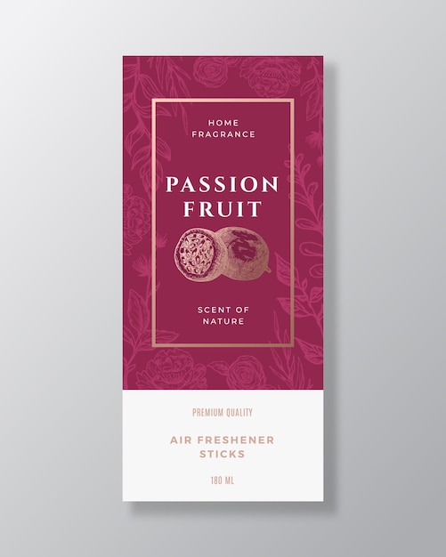 Passion fruit home fragrance abstract vector label template hand drawn sketch flowers leaves backgro...