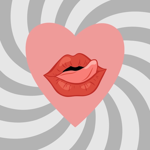 Vector passionate valentines day greeting card valentine card conception of love heart with inviting lips trends retro cartoon style