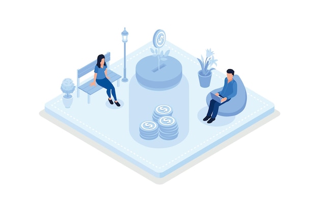 Passive income, Characters enjoying financial freedom and independence, isometric vector modern