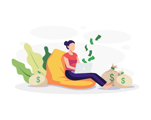 Passive income concept illustration. Young woman working in front of laptop with money around her. Vector in a flat style