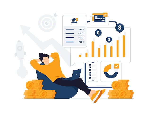 Passive income investment remote job freelance work woman relaxing in front of computer while money raining down financial freedom easy money and investor concept illustration