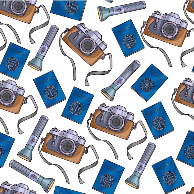 Vector passport and camera with flashlight traveling seamless pattern