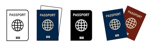 白い背景に分離されたパスポートアイコンのセット 国際パスポートドキュメントのベクトルアイコンのセット