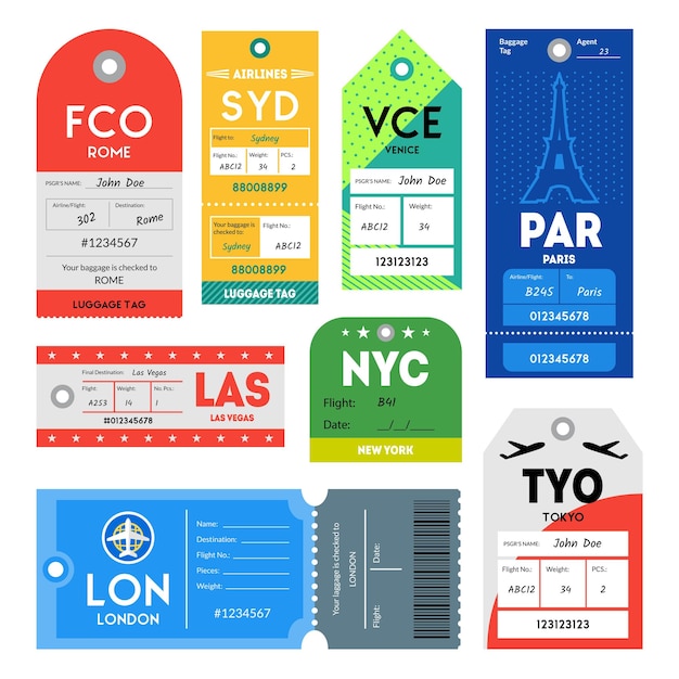 Vettore passaporto e bagagli tag set di colori simbolo del turismo per app e web design illustrazione vettoriale di etichette di viaggio